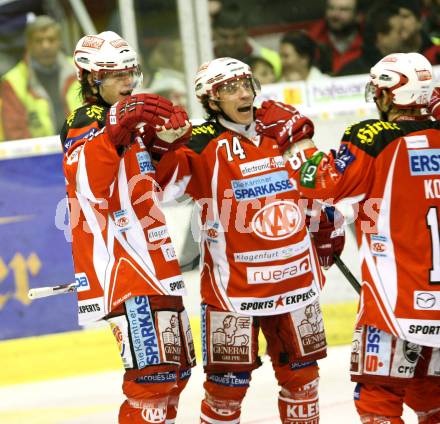 EBEL. Eishockey Bundesliga. KAC gegen HDD TILIA Olimpija Ljubljana. Torjubel HUNDERTPFUND Thomas, KALT Dieter (KAC).. Klagenfurt, am 12.2.2012.
Foto: Kuess

---
pressefotos, pressefotografie, kuess, qs, qspictures, sport, bild, bilder, bilddatenbank