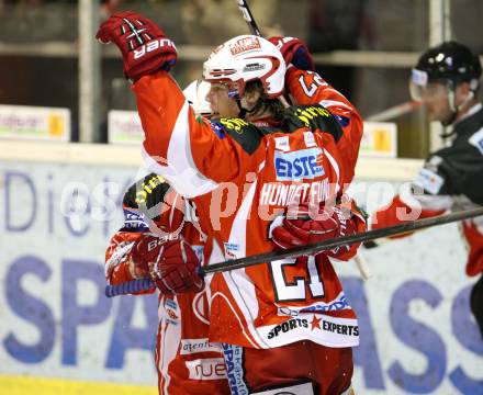 EBEL. Eishockey Bundesliga. KAC gegen HDD TILIA Olimpija Ljubljana. Torjubel KOCH Thomas, HUNDERTPFUND Thomas (KAC). Klagenfurt, am 12.2.2012.
Foto: Kuess

---
pressefotos, pressefotografie, kuess, qs, qspictures, sport, bild, bilder, bilddatenbank