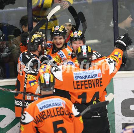 EBEL. Eishockey Bundesliga. EC Rekord Fenster VSV gegen Graz 99ers.  (VSV),  Torjubel (Graz). Villach, am 14.2.2012.
Foto: Kuess 


---
pressefotos, pressefotografie, kuess, qs, qspictures, sport, bild, bilder, bilddatenbank