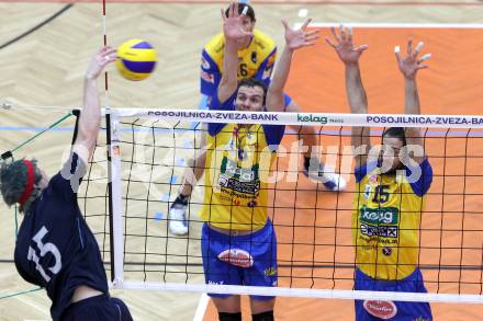 Volleyball. Austrian Volley League. AVL. SK Aich Dob gegen VBK Kelag Woerthersee Loewen. Rok Satler, Stoyko Nenchev (Aich), Joel Miller (VBK). Bleiburg, 18.2.2012.
Foto: Kuess
---
pressefotos, pressefotografie, kuess, qs, qspictures, sport, bild, bilder, bilddatenbank