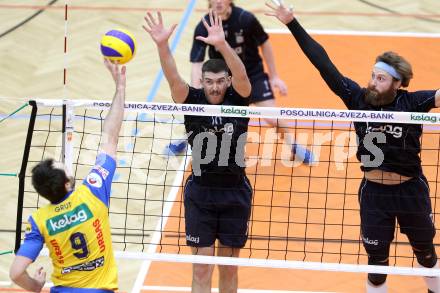 Volleyball. Austrian Volley League. AVL. SK Aich Dob gegen VBK Kelag Woerthersee Loewen. Andrej Grut, (Aich/Dob), Brennon Dyer, James Battiston  (VBK). Bleiburg, 18.2.2012.
Foto: Kuess
---
pressefotos, pressefotografie, kuess, qs, qspictures, sport, bild, bilder, bilddatenbank