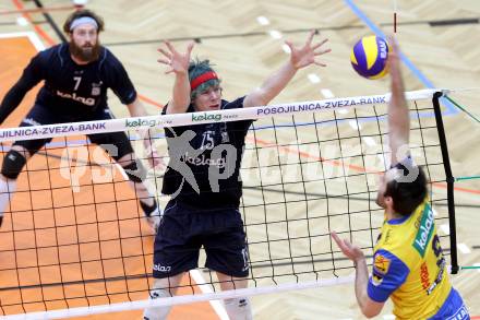 Volleyball. Austrian Volley League. AVL. SK Aich Dob gegen VBK Kelag Woerthersee Loewen. Andrej Grut,  (Aich/Dob), Joel Miller, James Battiston (VBK). Bleiburg, 18.2.2012.
Foto: Kuess
---
pressefotos, pressefotografie, kuess, qs, qspictures, sport, bild, bilder, bilddatenbank