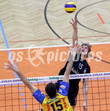 Volleyball. Austrian Volley League. AVL. SK Aich Dob gegen VBK Kelag Woerthersee Loewen. Styoko Nenchev,  (Aich/Dob), Joel Miller (VBK). Bleiburg, 18.2.2012.
Foto: Kuess
---
pressefotos, pressefotografie, kuess, qs, qspictures, sport, bild, bilder, bilddatenbank