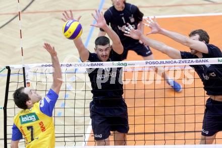 Volleyball. Austrian Volley League. AVL. SK Aich Dob gegen VBK Kelag Woerthersee Loewen. Allan Van De Loo, (Aich/Dob), Brennon Dyer, Matt Adler  (VBK). Bleiburg, 18.2.2012.
Foto: Kuess
---
pressefotos, pressefotografie, kuess, qs, qspictures, sport, bild, bilder, bilddatenbank