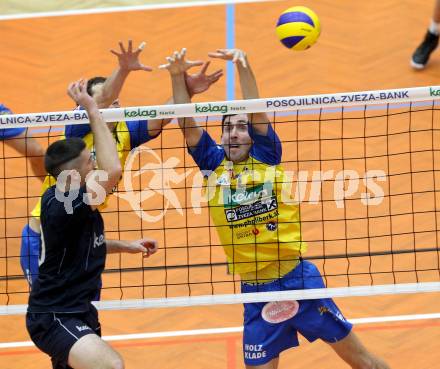 Volleyball. Austrian Volley League. AVL. SK Aich Dob gegen VBK Kelag Woerthersee Loewen. Matija Sabljak, (Aich/Dob), Brennon Dyer  (VBK). Bleiburg, 18.2.2012.
Foto: Kuess
---
pressefotos, pressefotografie, kuess, qs, qspictures, sport, bild, bilder, bilddatenbank