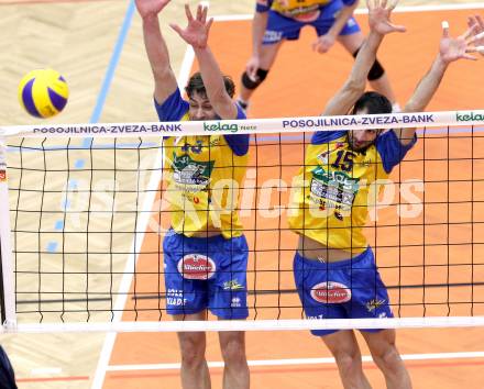 Volleyball. Austrian Volley League. AVL. SK Aich Dob gegen VBK Kelag Woerthersee Loewen. Ivaylo Barutov, Stoyko Nenchev (Aich/Dob). Bleiburg, 18.2.2012.
Foto: Kuess
---
pressefotos, pressefotografie, kuess, qs, qspictures, sport, bild, bilder, bilddatenbank