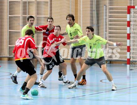 Handball. Bundesliga. HCK 59 Kaernten gegen UHC Gaenserndorf. Josip Pecina, Branko Bedekovic, Markus Goeschl (HCK), Thomas Buchmann, Gernot Reckendorfer  (Gaenserndorf). Klagenfurt, 25.2.2012
Foto: Kuess 
---
pressefotos, pressefotografie, kuess, qs, qspictures, sport, bild, bilder, bilddatenbank