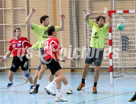 Handball. Bundesliga. HCK 59 Kaernten gegen UHC Gaenserndorf. Josip Pecina, Branko Bedekovic (HCK), Martin Toth, Ernest Masaryk (Gaenserndorf). Klagenfurt, 25.2.2012
Foto: Kuess 
---
pressefotos, pressefotografie, kuess, qs, qspictures, sport, bild, bilder, bilddatenbank