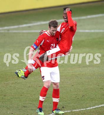 Fussball Laenderspiel. Oesterreich gegen Finnland. Torjubel Marc Janko, David Alaba (Oesterreich). Klagenfurt Woerthersee Stadion, 29.2.2012.
Foto: Kuess

---
pressefotos, pressefotografie, kuess, qs, qspictures, sport, bild, bilder, bilddatenbank