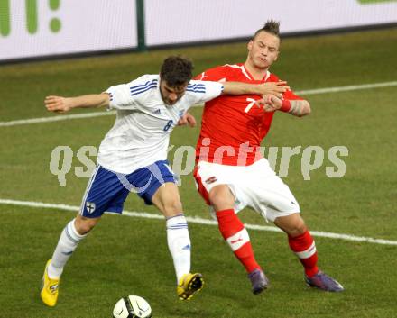 Fussball Laenderspiel. Oesterreich gegen Finnland. Marko Arnautovic,  (Oesterreich), Perparim Hetemaj (Finnland). Klagenfurt Woerthersee Stadion, 29.2.2012.
Foto: Kuess

---
pressefotos, pressefotografie, kuess, qs, qspictures, sport, bild, bilder, bilddatenbank