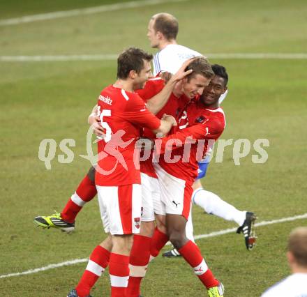 Fussball Laenderspiel. Oesterreich gegen Finnland. Torjubel Marc Janko, David Alaba, Andreas Ivanschitz (Oesterreich). Klagenfurt Woerthersee Stadion, 29.2.2012.
Foto: Kuess

---
pressefotos, pressefotografie, kuess, qs, qspictures, sport, bild, bilder, bilddatenbank