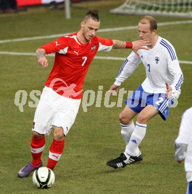 Fussball Laenderspiel. Oesterreich gegen Finnland. Marko Arnautovic,  (Oesterreich), Petri Pasanen (Finnland). Klagenfurt Woerthersee Stadion, 29.2.2012.
Foto: Kuess

---
pressefotos, pressefotografie, kuess, qs, qspictures, sport, bild, bilder, bilddatenbank