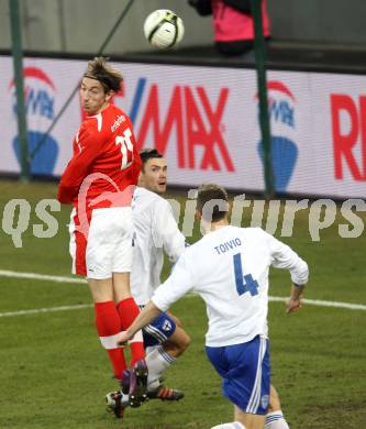 Fussball Laenderspiel. Oesterreich gegen Finnland. Manuel Ortlechner,  (Oesterreich), Joona Toivio (Finnland). Klagenfurt Woerthersee Stadion, 29.2.2012.
Foto: Kuess

---
pressefotos, pressefotografie, kuess, qs, qspictures, sport, bild, bilder, bilddatenbank