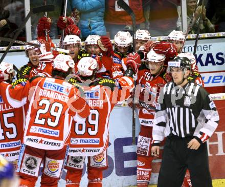 EBEL. Eishockey Bundesliga. KAC gegen EC Red Bull Salzburg. Jubel (KAC). Klagenfurt, am 1.3.2012.
Foto: Kuess

---
pressefotos, pressefotografie, kuess, qs, qspictures, sport, bild, bilder, bilddatenbank