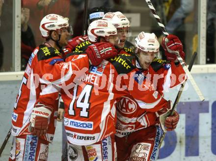 EBEL. Eishockey Bundesliga. KAC gegen EC Red Bull Salzburg. Torjubel PIRMANN Markus, HUNDERTPFUND Thomas, SCHELLANDER Paul, REICHEL Johannes (KAC).. Klagenfurt, am 1.3.2012.
Foto: Kuess

---
pressefotos, pressefotografie, kuess, qs, qspictures, sport, bild, bilder, bilddatenbank