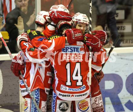 EBEL. Eishockey Bundesliga. KAC gegen EC Red Bull Salzburg. Torjubel PIRMANN Markus, HUNDERTPFUND Thomas, SCHELLANDER Paul, REICHEL Johannes (KAC). Klagenfurt, am 1.3.2012.
Foto: Kuess

---
pressefotos, pressefotografie, kuess, qs, qspictures, sport, bild, bilder, bilddatenbank