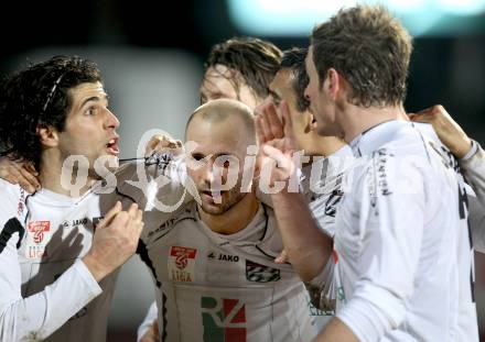 Fussball. Erste Liga.  WAC/St. Andrae gegen BW Linz. Torjubel Stephan Stueckler, Jacobo, Michael Sollbauer, Nenad Jovanovic (WAC). Wolfsberg, 2.3.2012. 
Foto: Kuess

---
pressefotos, pressefotografie, kuess, qs, qspictures, sport, bild, bilder, bilddatenbank