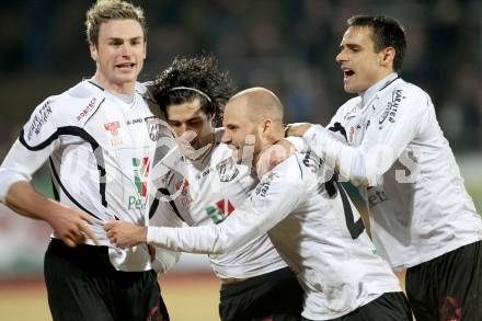Fussball. Erste Liga.  WAC/St. Andrae gegen BW Linz. Torjubel Stephan Stueckler, Jacobo, Michael Sollbauer, Nenad Jovanovic (WAC). Wolfsberg, 2.3.2012. 
Foto: Kuess

---
pressefotos, pressefotografie, kuess, qs, qspictures, sport, bild, bilder, bilddatenbank