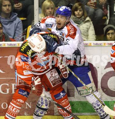 EBEL. Eishockey Bundesliga. KAC gegen KHL Medvescak Zagreb. David Schuller,  (KAC), David Brine (Zagreb). Klagenfurt, am 8.3.2012.
Foto: Kuess

---
pressefotos, pressefotografie, kuess, qs, qspictures, sport, bild, bilder, bilddatenbank