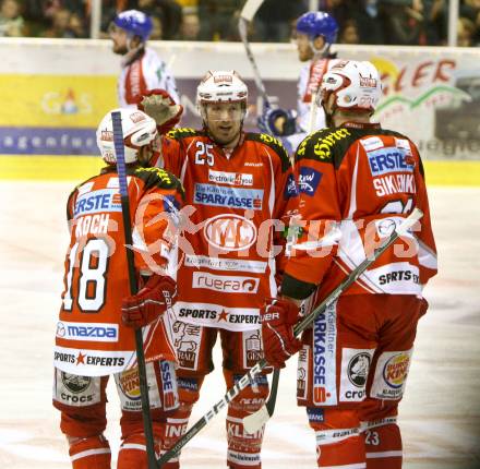 EBEL. Eishockey Bundesliga. KAC gegen KHL Medvescak Zagreb. Torjubel Thomas Koch, Kirk Furey, Mike Siklenka (KAC). Klagenfurt, am 8.3.2012.
Foto: Kuess

---
pressefotos, pressefotografie, kuess, qs, qspictures, sport, bild, bilder, bilddatenbank