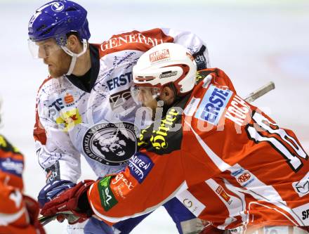 EBEL. Eishockey Bundesliga. KAC gegen KHL Medvescak Zagreb. Thomas Koch, (KAC),  Adam Naglich (Zagreb). Klagenfurt, am 8.3.2012.
Foto: Kuess

---
pressefotos, pressefotografie, kuess, qs, qspictures, sport, bild, bilder, bilddatenbank