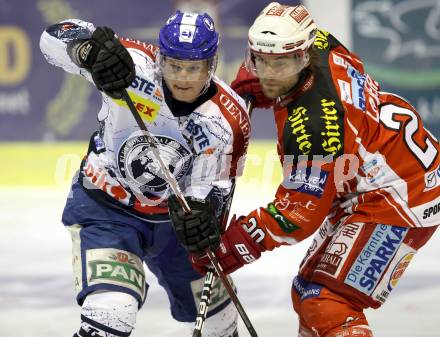 EBEL. Eishockey Bundesliga. KAC gegen KHL Medvescak Zagreb. John Lammers, (KAC), Tomislav Zanoski  (Zagreb). Klagenfurt, am 8.3.2012.
Foto: Kuess

---
pressefotos, pressefotografie, kuess, qs, qspictures, sport, bild, bilder, bilddatenbank