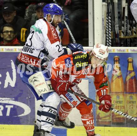 EBEL. Eishockey Bundesliga. KAC gegen KHL Medvescak Zagreb. Tyler Scofield, (KAC), Sasa Martinovic  (Zagreb). Klagenfurt, am 8.3.2012.
Foto: Kuess

---
pressefotos, pressefotografie, kuess, qs, qspictures, sport, bild, bilder, bilddatenbank