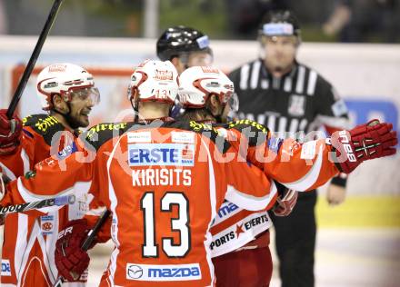 EBEL. Eishockey Bundesliga. KAC gegen KHL Medvescak Zagreb. Torjubel Thomas Koch, Johannes Kirisits, John Lammers (KAC). Klagenfurt, am 8.3.2012.
Foto: Kuess

---
pressefotos, pressefotografie, kuess, qs, qspictures, sport, bild, bilder, bilddatenbank