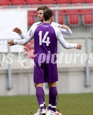 Fussball. Regionalliga.  SK Austria Klagenfurt gegen Pasching. Jubel Oliver Pusztai, Boris Huettenbrenner (Klagenfurt). Klagenfurt, 11.3.2012. 
Foto: Kuess

---
pressefotos, pressefotografie, kuess, qs, qspictures, sport, bild, bilder, bilddatenbank