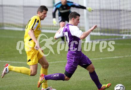 Fussball. Regionalliga.  SK Austria Klagenfurt gegen Pasching. Sandro Gotal,  (Klagenfurt), Davorin Kablar (Pasching). Klagenfurt, 11.3.2012. 
Foto: Kuess

---
pressefotos, pressefotografie, kuess, qs, qspictures, sport, bild, bilder, bilddatenbank