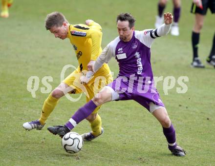 Fussball. Regionalliga.  SK Austria Klagenfurt gegen Pasching. Matthias Dollinger,  (Klagenfurt), Matthias Oettl (Pasching). Klagenfurt, 11.3.2012. 
Foto: Kuess

---
pressefotos, pressefotografie, kuess, qs, qspictures, sport, bild, bilder, bilddatenbank