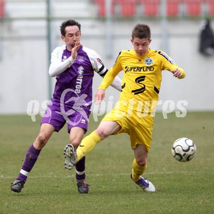 Fussball. Regionalliga.  SK Austria Klagenfurt gegen Pasching. Matthias Dollinger, (Klagenfurt), Matthias Oettl (Pasching). Klagenfurt, 11.3.2012. 
Foto: Kuess

---
pressefotos, pressefotografie, kuess, qs, qspictures, sport, bild, bilder, bilddatenbank