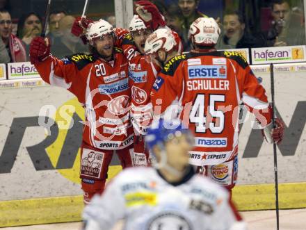 EBEL. Eishockey Bundesliga. KAC gegen KHL Medvescak Zagreb. Torjubel Joseph Joey Tenute, John Lammers, Johannes Kirisits, David Schuller (KAC), (Zagreb). Klagenfurt, am 13.3.2012.
Foto: Kuess

---
pressefotos, pressefotografie, kuess, qs, qspictures, sport, bild, bilder, bilddatenbank