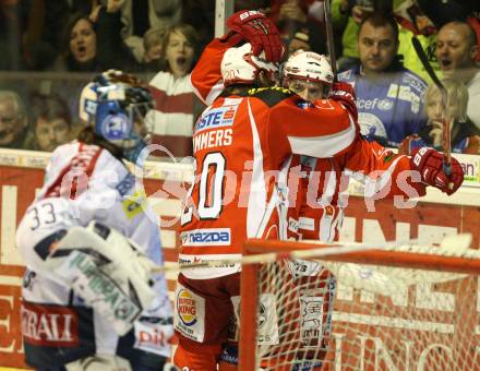 EBEL. Eishockey Bundesliga. KAC gegen KHL Medvescak Zagreb. Torjubel Dieter Kalt, John Lammers (KAC), (Zagreb). Klagenfurt, am 13.3.2012.
Foto: Kuess

---
pressefotos, pressefotografie, kuess, qs, qspictures, sport, bild, bilder, bilddatenbank