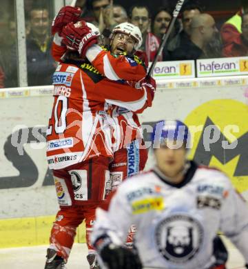 EBEL. Eishockey Bundesliga. KAC gegen KHL Medvescak Zagreb. Torjubel Joseph Joey Tenute, John Lammers (KAC), (Zagreb). Klagenfurt, am 13.3.2012.
Foto: Kuess

---
pressefotos, pressefotografie, kuess, qs, qspictures, sport, bild, bilder, bilddatenbank