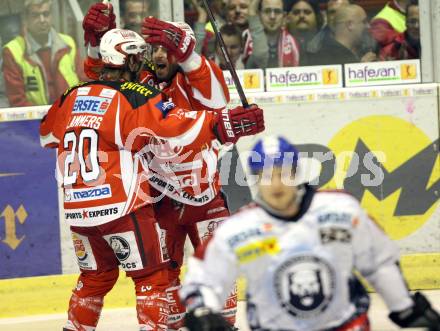 EBEL. Eishockey Bundesliga. KAC gegen KHL Medvescak Zagreb. Torjubel Joseph Joey Tenute, John Lammers (KAC), (Zagreb). Klagenfurt, am 13.3.2012.
Foto: Kuess

---
pressefotos, pressefotografie, kuess, qs, qspictures, sport, bild, bilder, bilddatenbank