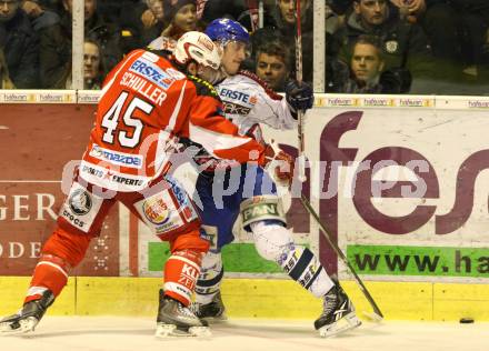 EBEL. Eishockey Bundesliga. KAC gegen KHL Medvescak Zagreb. David Schuller (KAC), Andy Sertich (Zagreb). Klagenfurt, am 13.3.2012.
Foto: Kuess

---
pressefotos, pressefotografie, kuess, qs, qspictures, sport, bild, bilder, bilddatenbank