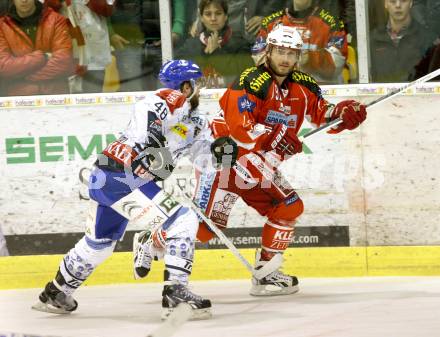 EBEL. Eishockey Bundesliga. KAC gegen KHL Medvescak Zagreb. Joey TEnute,  (KAC), Kenneth Macaulay (Zagreb). Klagenfurt, am 13.3.2012.
Foto: Kuess

---
pressefotos, pressefotografie, kuess, qs, qspictures, sport, bild, bilder, bilddatenbank