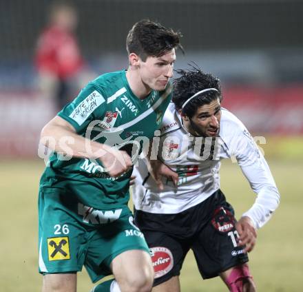 Fussball. Erste Liga. WAC/St. Andrae gegen SC Austria Lustenau. Jacobo (WAC), Benedikt Zech (Lustenau). Wolfsberg, 16.3.2012. 
Foto: Kuess
---
pressefotos, pressefotografie, kuess, qs, qspictures, sport, bild, bilder, bilddatenbank