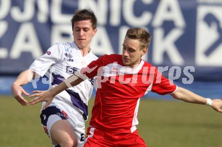 Fussball Regionalliga. SAK gegen Leoben. Darjan Aleksic,  (SAK),  Dominik Hackinger (Leoben). Klagenfurt, 24.3.2012.
Foto: Kuess
---
pressefotos, pressefotografie, kuess, qs, qspictures, sport, bild, bilder, bilddatenbank