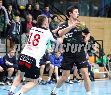 Handball Bundesliga. HC Kelag Kaernten gegen SC Ferlach. Josip Pecina (HCK), Sanel Merdanovic (SCF). Viktring, am 24.3.2012.
Foto: Kuess
---
pressefotos, pressefotografie, kuess, qs, qspictures, sport, bild, bilder, bilddatenbank