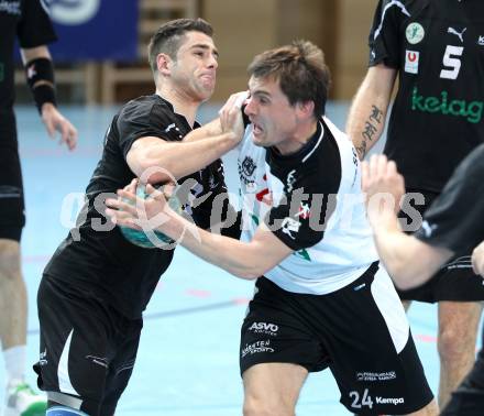 Handball Bundesliga. HC Kelag Kaernten gegen SC Ferlach. Josef Sourek (HCK), Daniel Plesej (SCF). Viktring, am 24.3.2012.
Foto: Kuess
---
pressefotos, pressefotografie, kuess, qs, qspictures, sport, bild, bilder, bilddatenbank