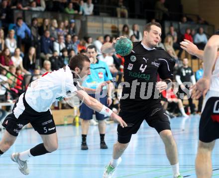 Handball Bundesliga. HC Kelag Kaernten gegen SC Ferlach. Patrick Jochum (HCK), Izudin Mujanovic (SCF). Viktring, am 24.3.2012.
Foto: Kuess
---
pressefotos, pressefotografie, kuess, qs, qspictures, sport, bild, bilder, bilddatenbank