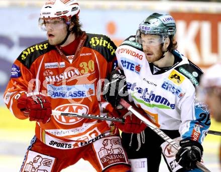EBEL. Eishockey Bundesliga. KAC gegen EHC LIWEST Black Wings Linz. Thomas Hundertpfund, (KAC),  Rob Hisey (Linz). Klagenfurt, am 25.3.2012.
Foto: Kuess

---
pressefotos, pressefotografie, kuess, qs, qspictures, sport, bild, bilder, bilddatenbank