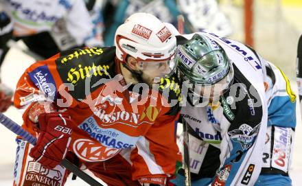 EBEL. Eishockey Bundesliga. KAC gegen EHC LIWEST Black Wings Linz. Thomas Koch,  (KAC), Rob Hisey (Linz). Klagenfurt, am 25.3.2012.
Foto: Kuess

---
pressefotos, pressefotografie, kuess, qs, qspictures, sport, bild, bilder, bilddatenbank