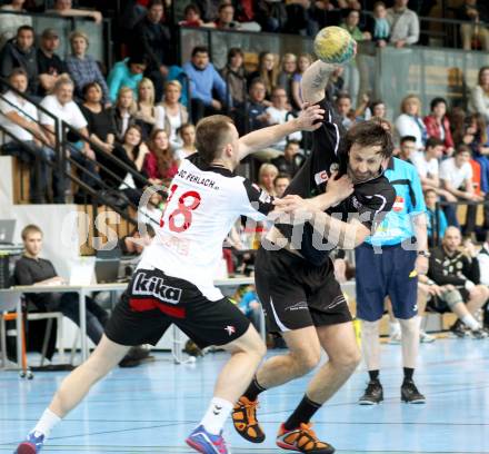 Handball Bundesliga. HC Kelag Kaernten gegen SC Ferlach. Branko Bedekovic (HCK), Sanel Merdanovic (SCF). Viktring, am 24.3.2012.
Foto: Kuess
---
pressefotos, pressefotografie, kuess, qs, qspictures, sport, bild, bilder, bilddatenbank