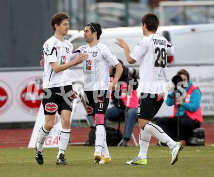 Fussball. Erste Liga.  WAC/St. Andrae gegen Vienna. Torjubel Christian Falk, Jacobo, Mihret Topcagic (WAC). Wolfsberg, 27.3.2012. 
Foto: Kuess

---
pressefotos, pressefotografie, kuess, qs, qspictures, sport, bild, bilder, bilddatenbank