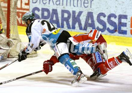 EBEL. Eishockey Bundesliga. KAC gegen EHC LIWEST Black Wings Linz.  Paul Schellander, (KAC),  Rob Hisey (Linz). Klagenfurt, am 29.3.2012.
Foto: Kuess

---
pressefotos, pressefotografie, kuess, qs, qspictures, sport, bild, bilder, bilddatenbank