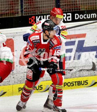 Eishockey Laenderspiel. Oesterreich gegen Weissrussland. Manuel Latusa,  (Oesterreich), Andrei Stas (Weissrussland). Klagenfurt, am 6.4.2012.
Foto: Kuess

---
pressefotos, pressefotografie, kuess, qs, qspictures, sport, bild, bilder, bilddatenbank