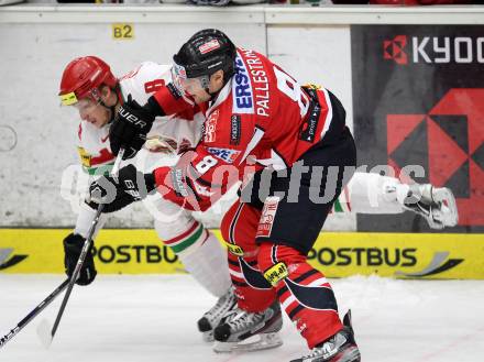 Eishockey Laenderspiel. Oesterreich gegen Weissrussland. Alexander Pallestrang,  (Oesterreich), Yevgeni Nogachyov (Weissrussland). Klagenfurt, am 6.4.2012.
Foto: Kuess

---
pressefotos, pressefotografie, kuess, qs, qspictures, sport, bild, bilder, bilddatenbank